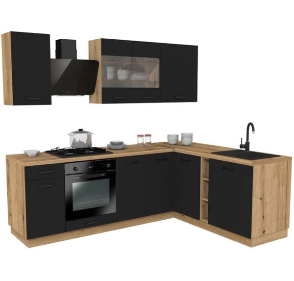 MEBLE KUCHENNE ZESTAW VARIO Z3 240X180CM CZARNY BLAT DĄB EVOKE BEZ AGD