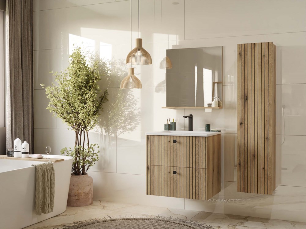 Szafka pod umywalkę Nordico Tigo 60 – dąb evoke, 2 szuflady, front ryflowany + umywalka - obrazek 2