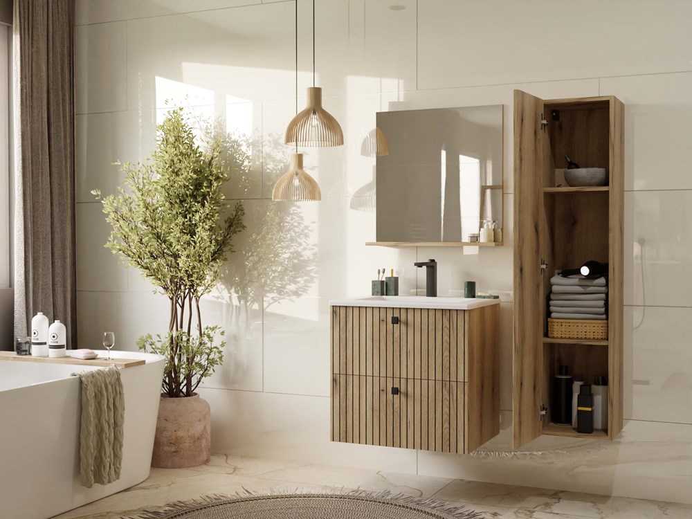 Szafka pod umywalkę Nordico Tigo 60 – dąb evoke, 2 szuflady, front ryflowany + umywalka - obrazek 3