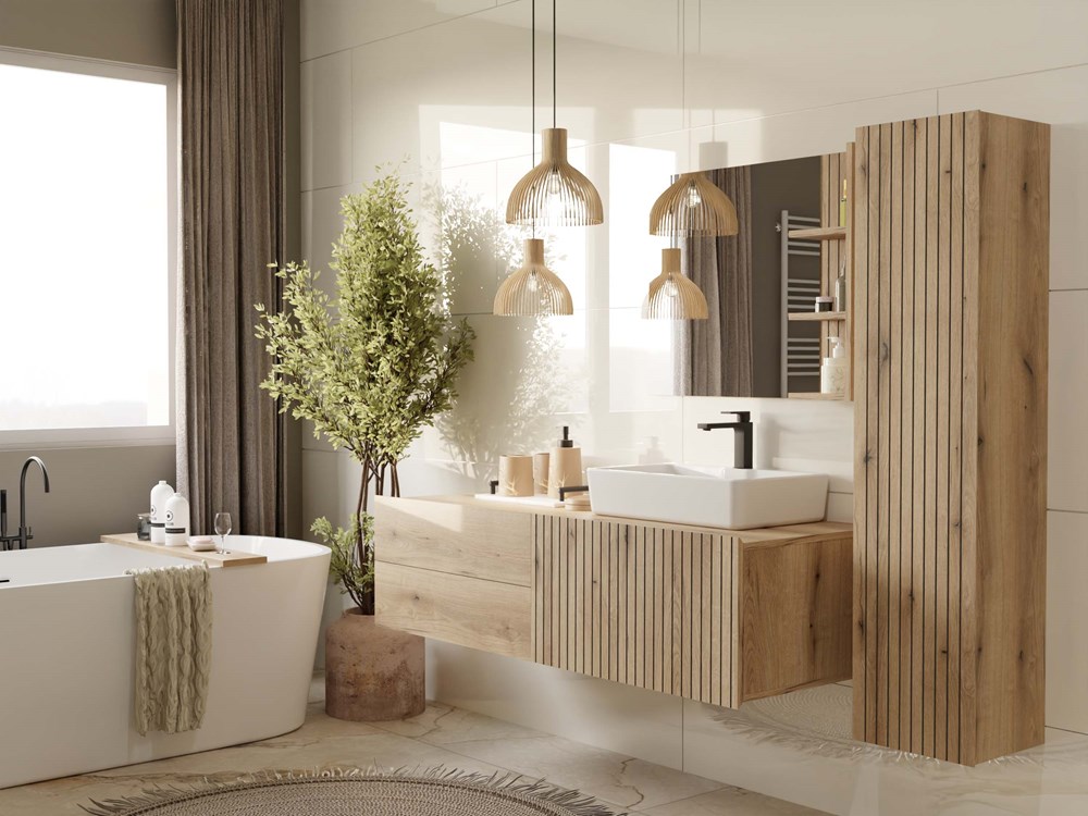 SZAFKA POD UMYWALKĘ TIGO 1D2S DĄB EVOKE 140 CM 2 SZUFLADY RYFLOWANY FRONT WISZĄCA - obrazek 5