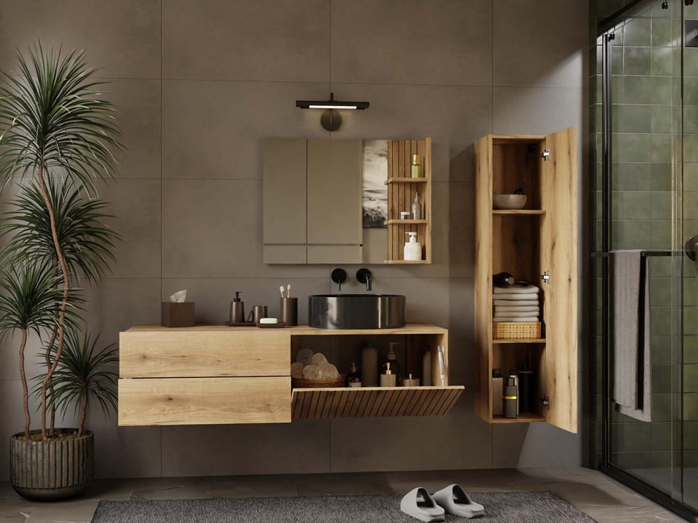 SZAFKA POD UMYWALKĘ TIGO 1D2S DĄB EVOKE 140 CM 2 SZUFLADY RYFLOWANY FRONT WISZĄCA - obrazek 4