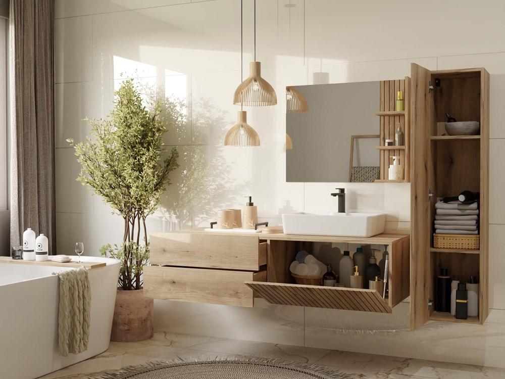 SZAFKA POD UMYWALKĘ TIGO 1D2S DĄB EVOKE 140 CM 2 SZUFLADY RYFLOWANY FRONT WISZĄCA - obrazek 3