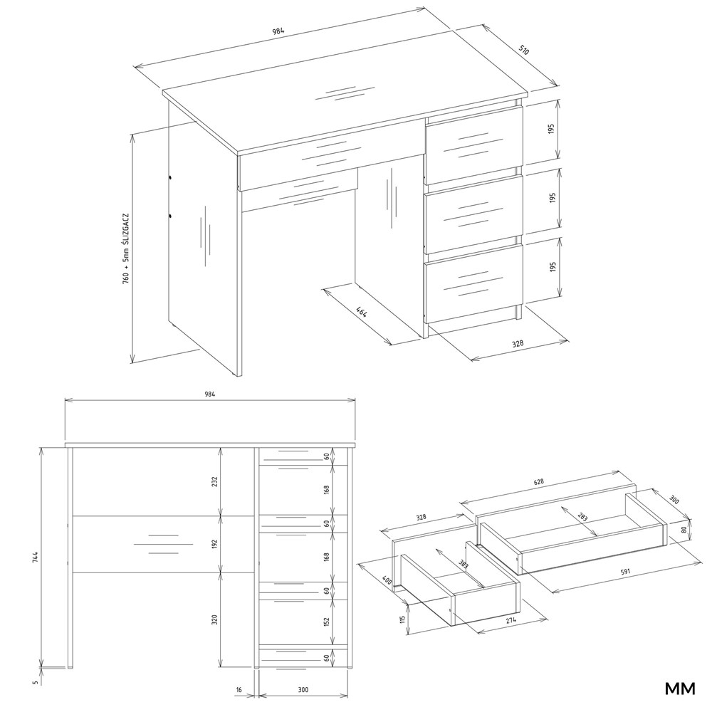 Biurko MIJAS Prawe z Nadstawką Biel Mat 4 Szuflady 4 Półki Do Biura Pokoju - obrazek 7