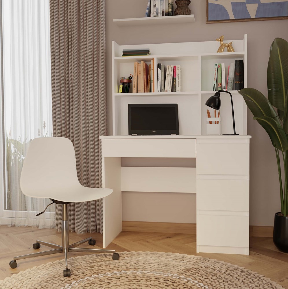 Biurko MIJAS Prawe z Nadstawką Biel Mat 4 Szuflady 4 Półki Do Biura Pokoju - obrazek 2