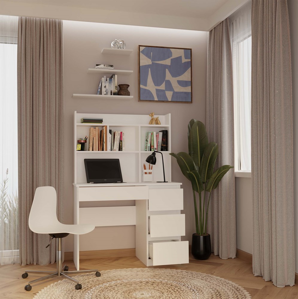 Biurko MIJAS Prawe z Nadstawką Biel Mat 4 Szuflady 4 Półki Do Biura Pokoju - obrazek 4