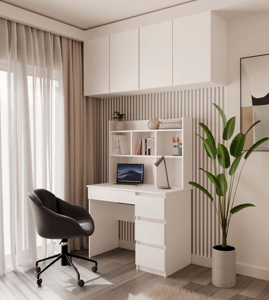 Biurko MIJAS Prawe z Nadstawką Biel Mat 4 Szuflady 4 Półki Do Biura Pokoju - obrazek 5