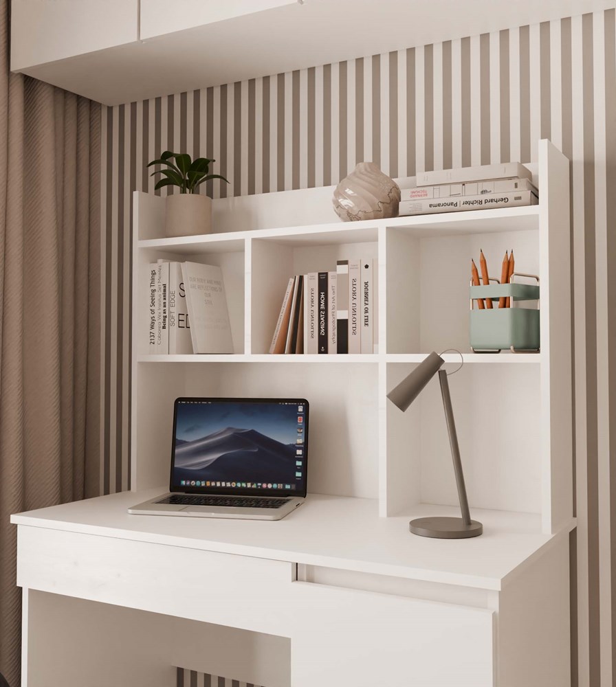 Biurko MIJAS Prawe z Nadstawką Biel Mat 4 Szuflady 4 Półki Do Biura Pokoju - obrazek 6