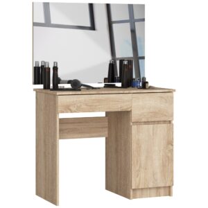 Toaletka AKORD Dąb Sonoma 90 cm z lustrem 900x600 prawa 1 drzwi 2 szuflady kolor Dąb Sonoma mat 2 półki 90x50x142 cm