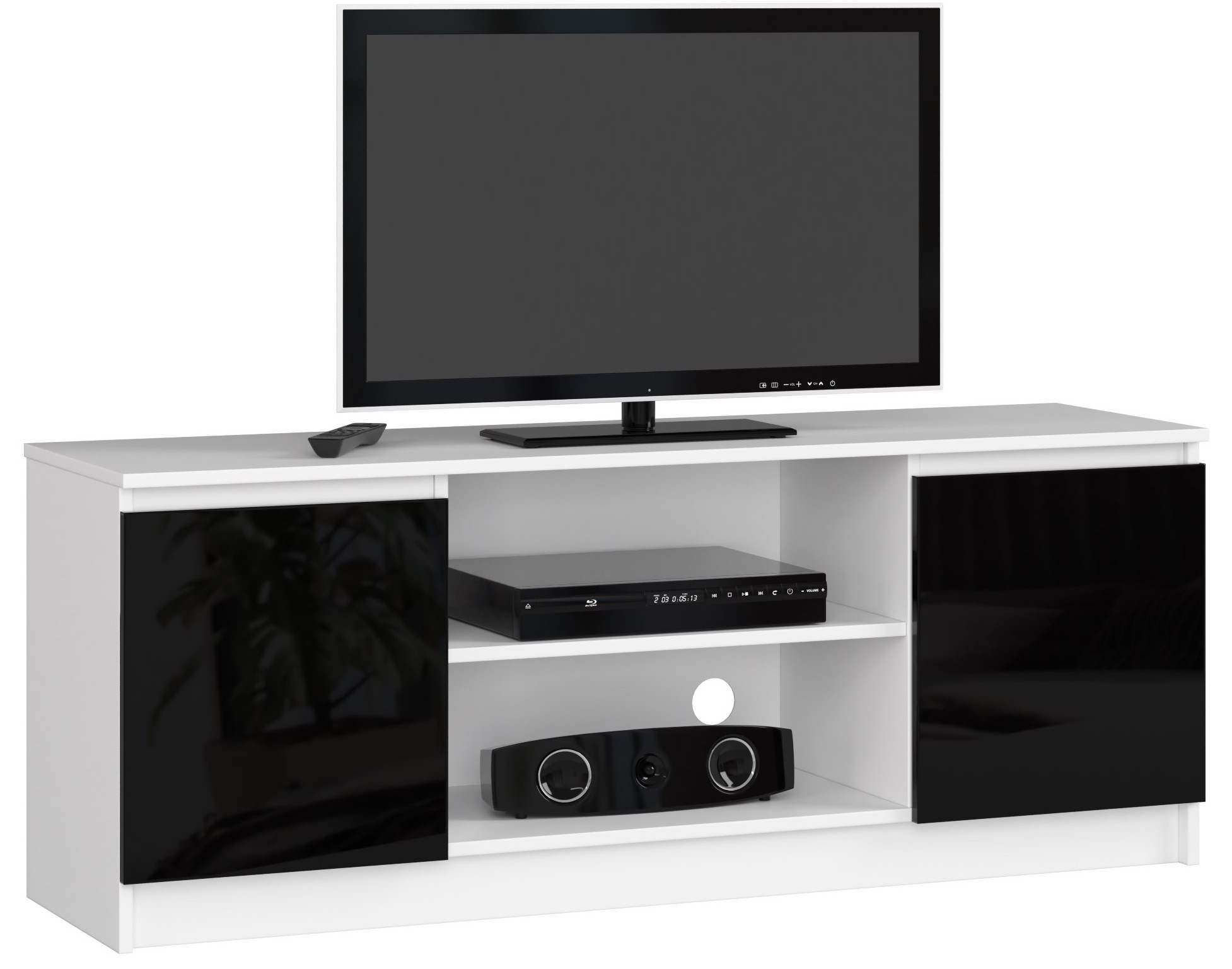 SZAFKA RTV 140 cm 2D 1P BIAŁA / CZARNY POŁYSK