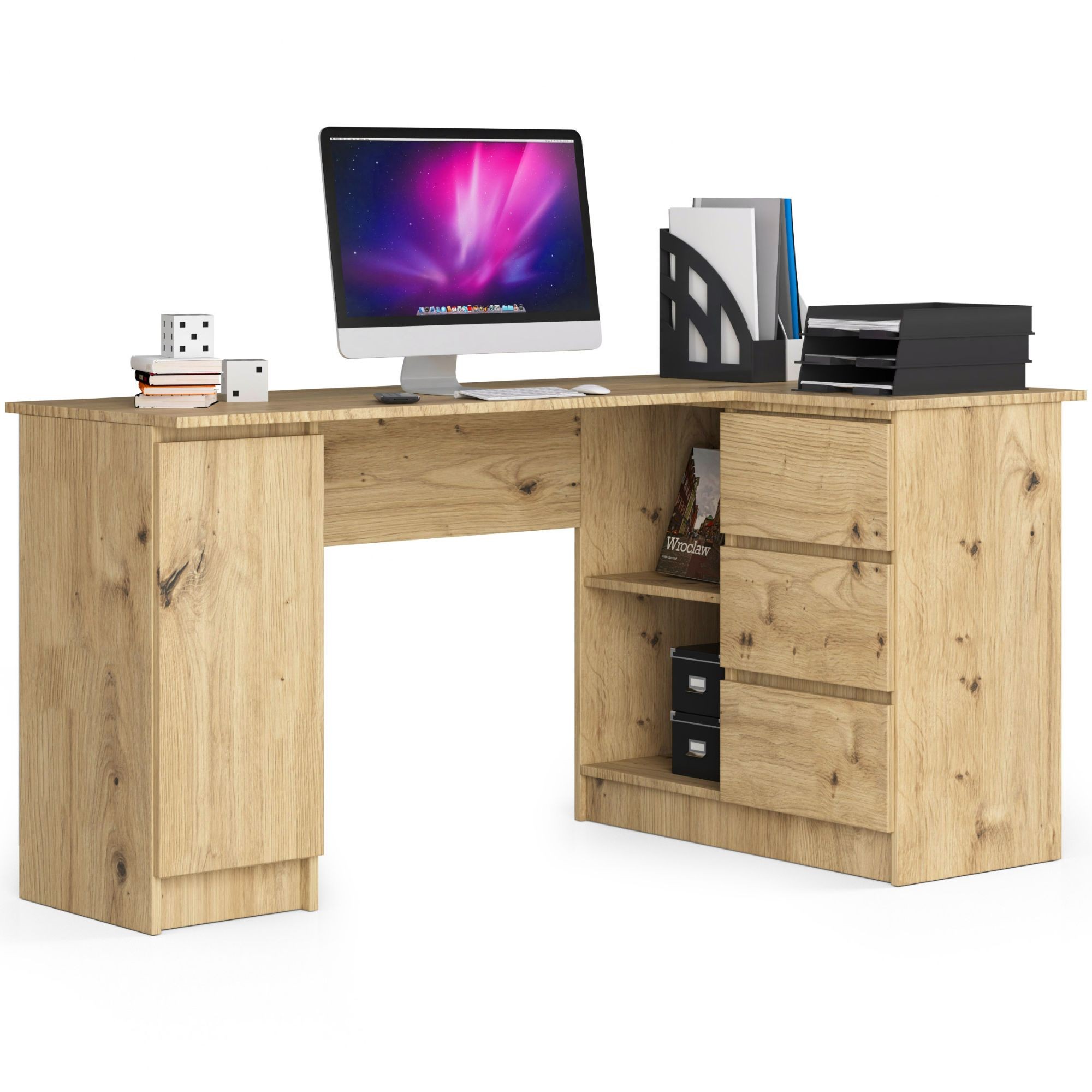 Biurko narożne B20 155 cm prawe - PK dąb artisan - 3 szuflady