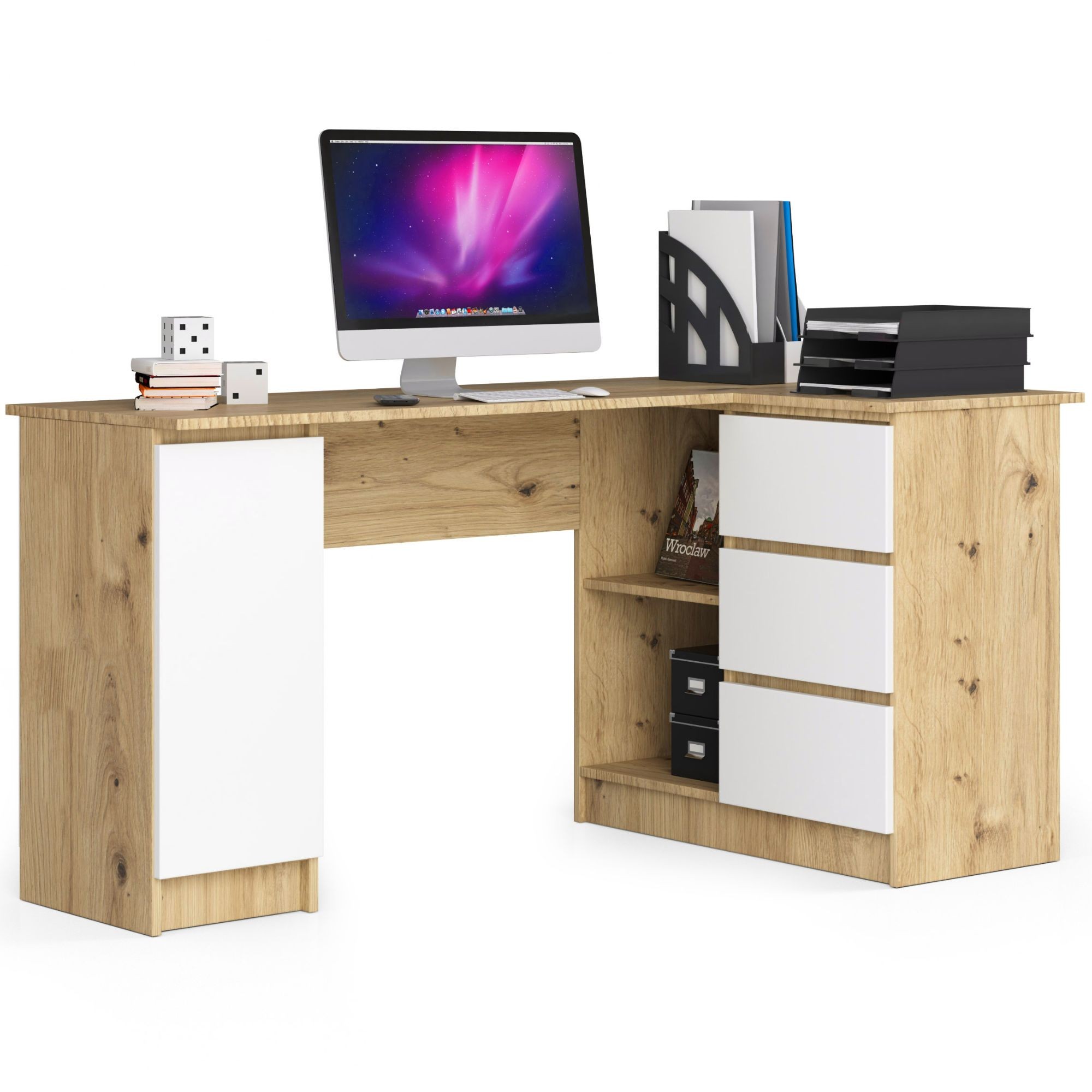 Biurko narożne B20 155 cm prawe - PK dąb artisan-białe - 3 szuflady