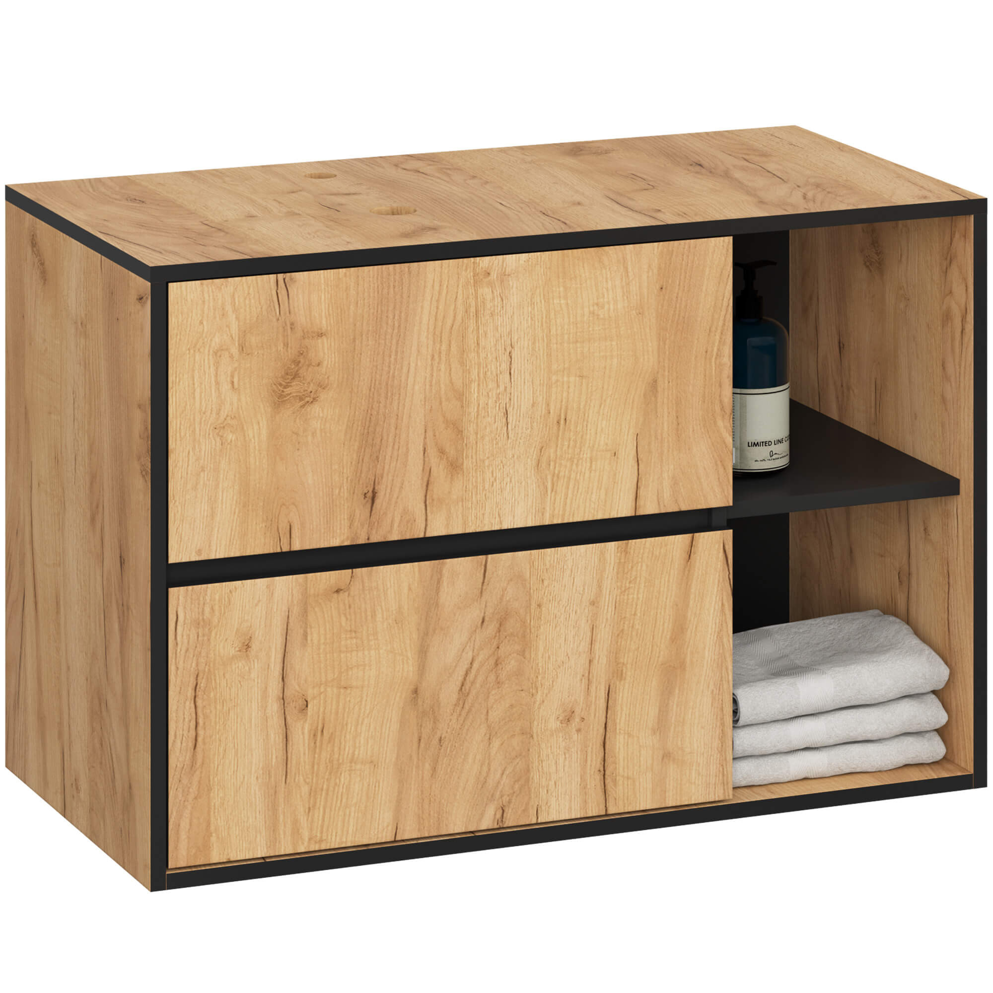 SZAFKA ŁAZIENKOWA POD UMYWALKĘ Z OTWORAMI VAMI W90 UM 2SZ 2P DĄB CRAFT / CZARNY