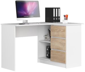BIURKO NAROŻNE B16 124 cm PRAWE 3 SZUFLADY PK BIAŁE / SONOMA