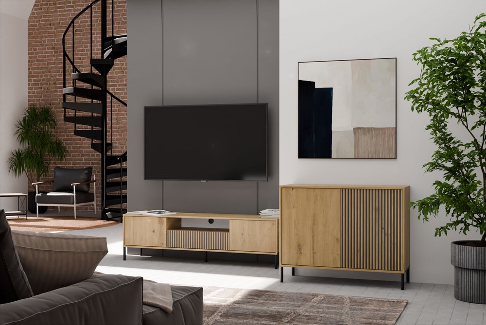 Komoda Front Ryflowany Szafka KAMARO 2D Slim / Gładki DĄB ARTISAN Lamele - obrazek 2