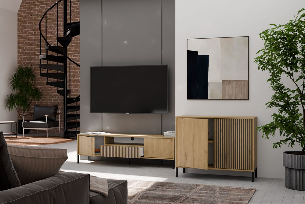 Komoda Front Ryflowany Szafka KAMARO 2D Slim / Gładki DĄB ARTISAN Lamele - obrazek 5