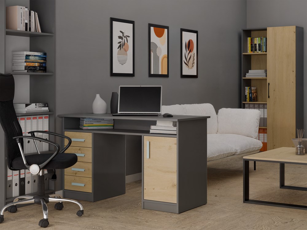 BIURKO ADA ANTRACYT DĄB ARTISAN 125 Cm 4 Szuflady Szafka Półki Do Biura Pokoju Na Laptop - obrazek 2