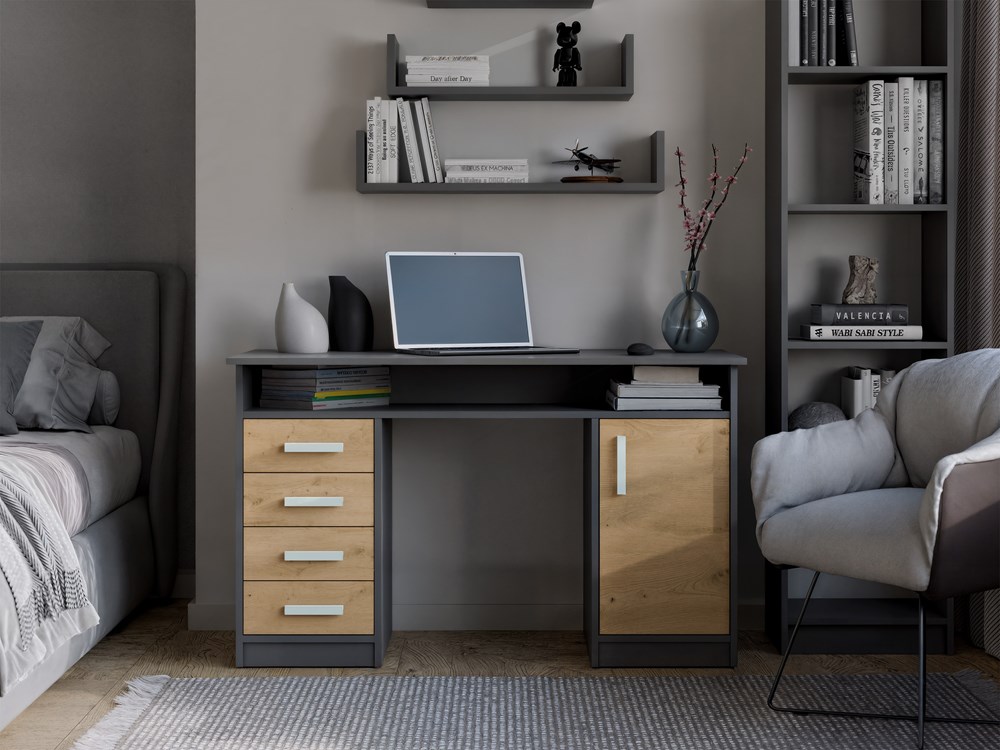 BIURKO ADA ANTRACYT DĄB ARTISAN 125 Cm 4 Szuflady Szafka Półki Do Biura Pokoju Na Laptop - obrazek 4