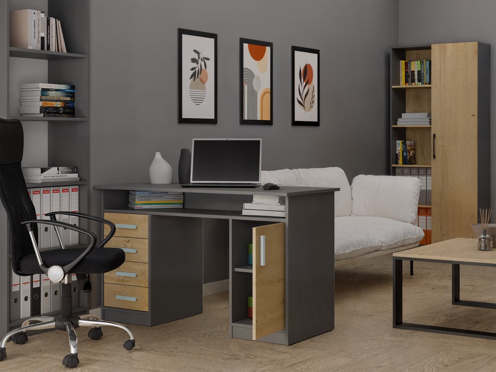 BIURKO ADA ANTRACYT DĄB ARTISAN 125 Cm 4 Szuflady Szafka Półki Do Biura Pokoju Na Laptop - obrazek 6