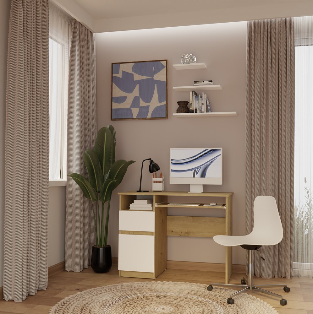 Biurko Komputerowe PORTO LEWE DĄB ARTISAN / BIAŁY Z Szufladą 98,5x75x51 Cm - obrazek 2