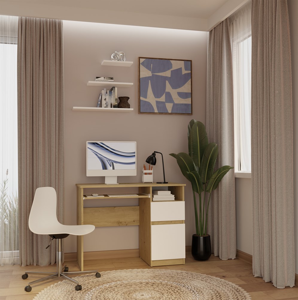 Biurko Komputerowe PORTO PRAWE DĄB ARTISAN / BIAŁY Z Szufladą 98,5x75x51 Cm - obrazek 2