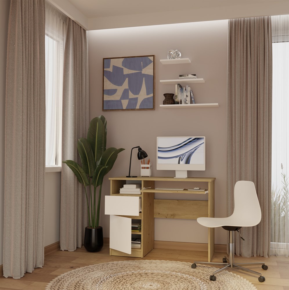 Biurko Komputerowe PORTO LEWE DĄB ARTISAN / BIAŁY Z Szufladą 98,5x75x51 Cm - obrazek 4