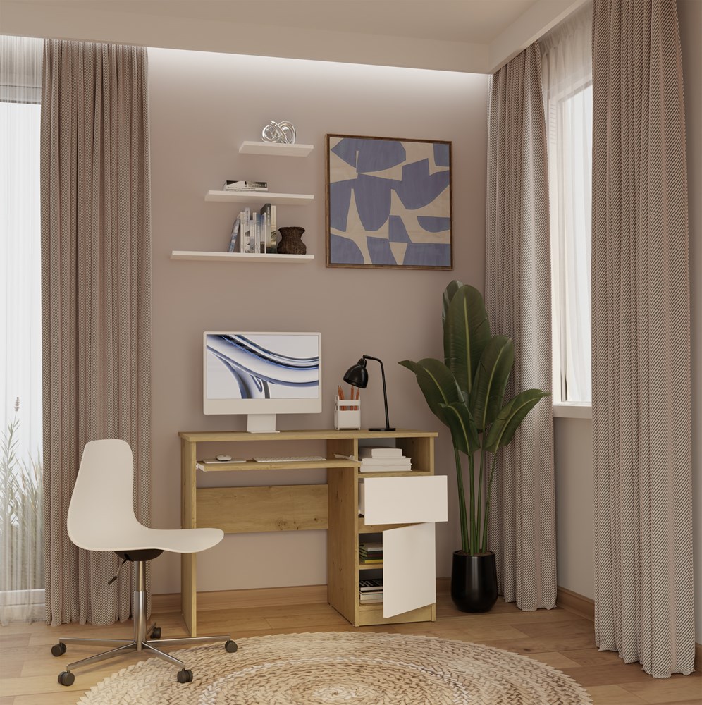 Biurko Komputerowe PORTO PRAWE DĄB ARTISAN / BIAŁY Z Szufladą 98,5x75x51 Cm - obrazek 4