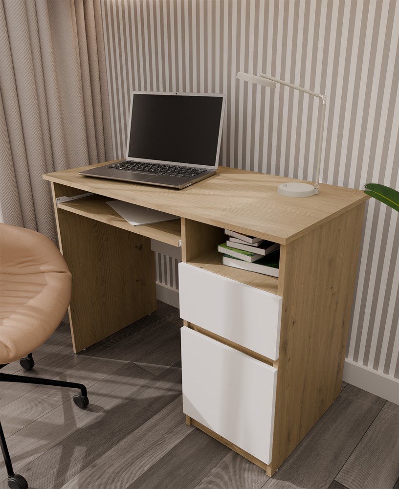 Biurko Komputerowe PORTO PRAWE DĄB ARTISAN / BIAŁY Z Szufladą 98,5x75x51 Cm - obrazek 6