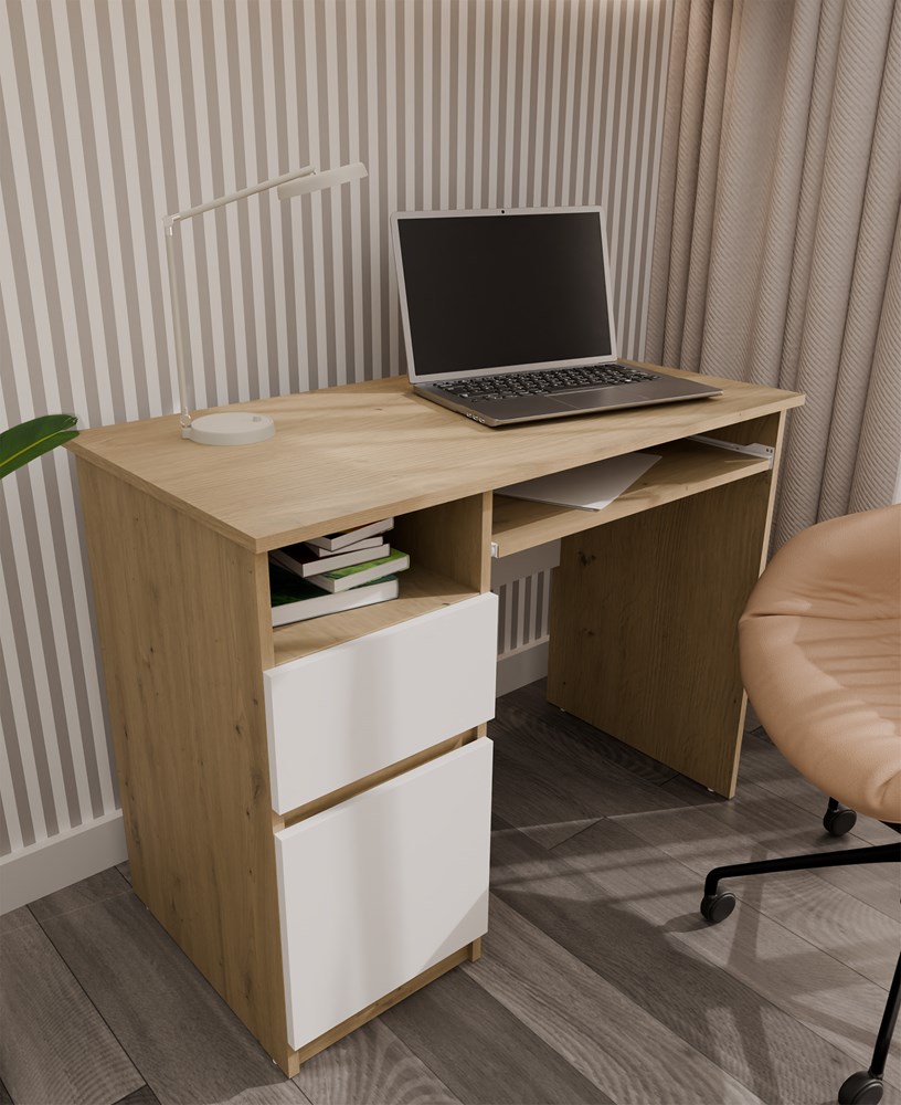 Biurko Komputerowe PORTO LEWE DĄB ARTISAN / BIAŁY Z Szufladą 98,5x75x51 Cm - obrazek 6