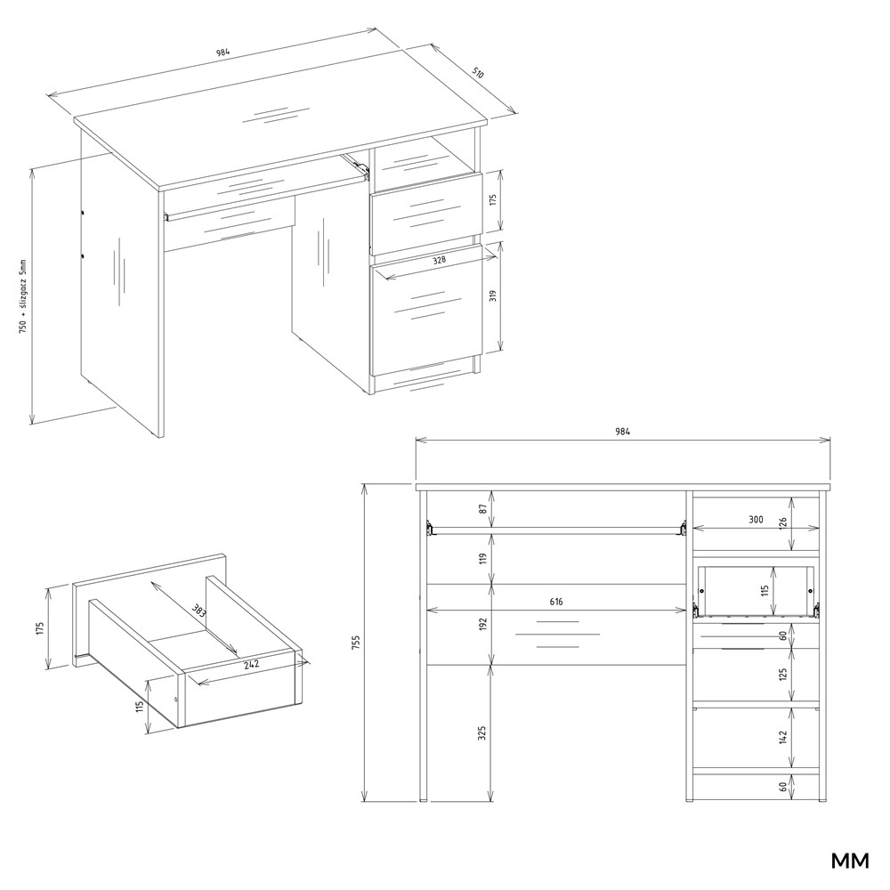 Biurko Komputerowe PORTO PRAWE DĄB ARTISAN / BIAŁY Z Szufladą 98,5x75x51 Cm - obrazek 7