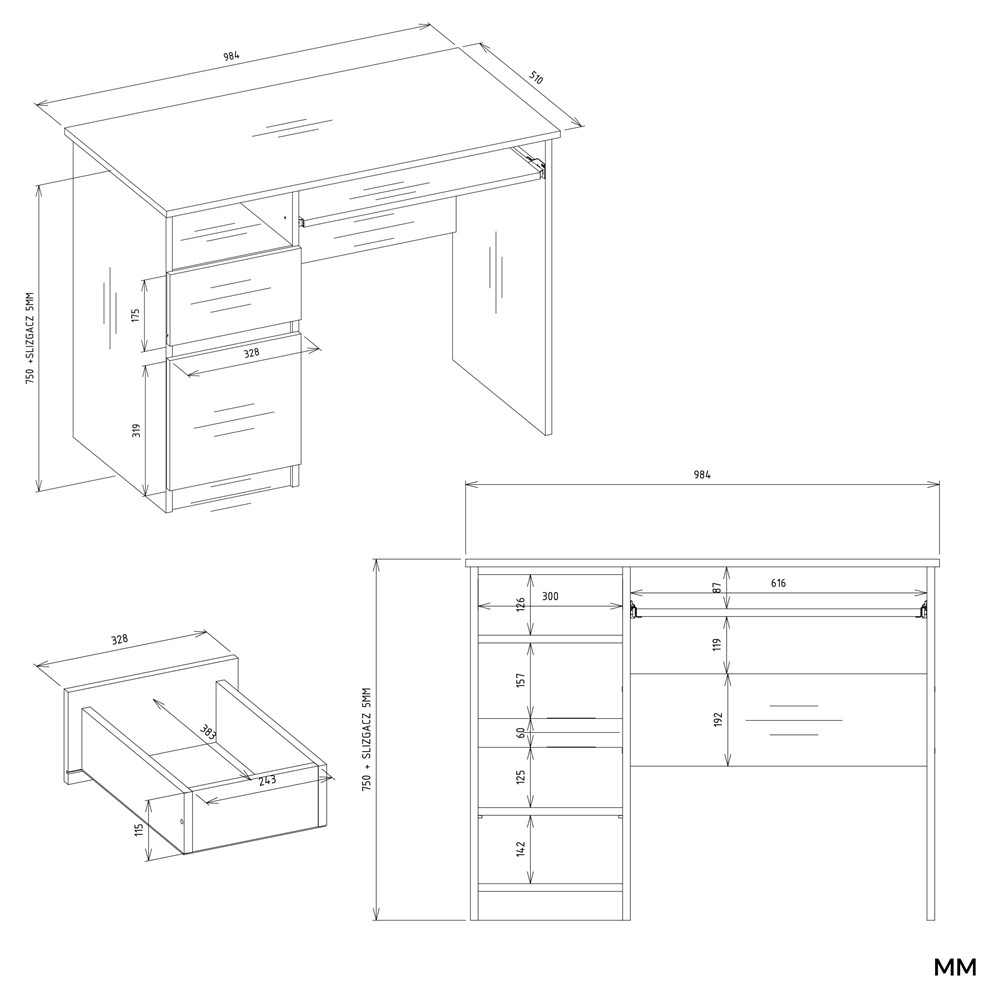 Biurko Komputerowe PORTO LEWE DĄB ARTISAN / BIAŁY Z Szufladą 98,5x75x51 Cm - obrazek 7