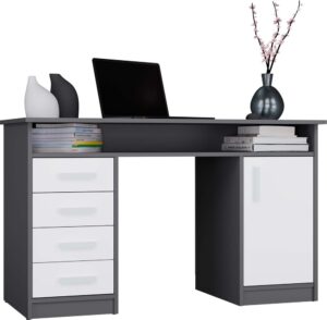 BIURKO ADA ANTRACYT BIAŁY 125 Cm 4 Szuflady Szafka Półki Do Biura Pokoju Na Laptop