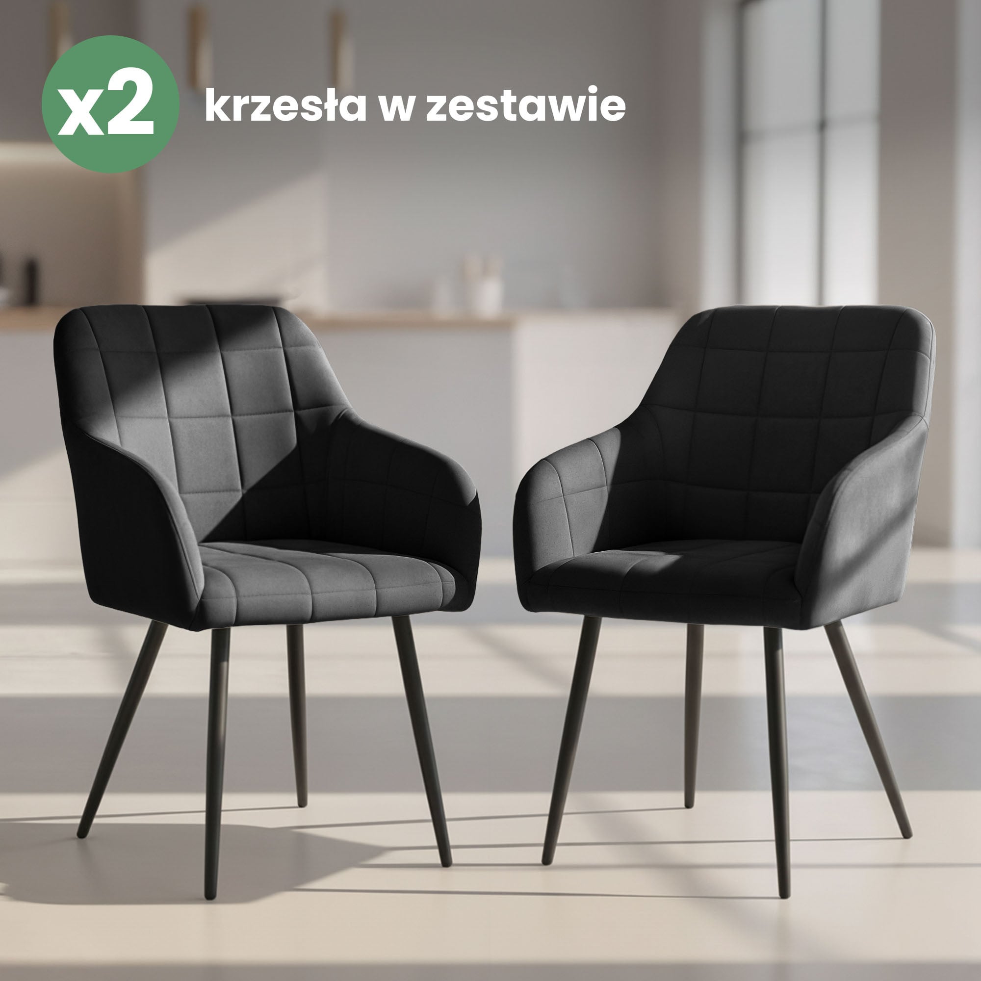 2x Krzesło tapicerowane z przeszyciami kwadratowymi Czarne LUXANO Czarne nogi - obrazek 4