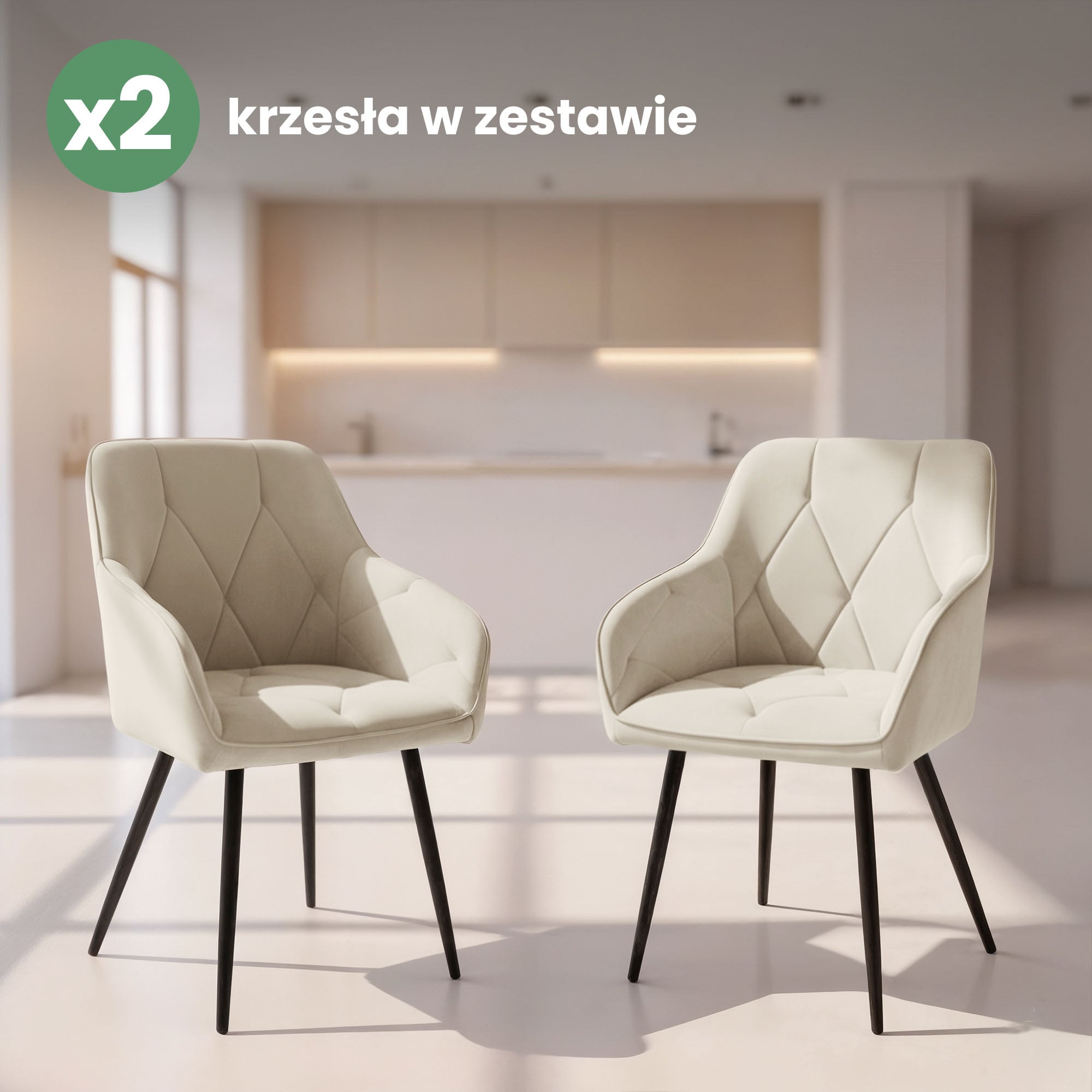 2x Welurowe krzesło tapicerowane pikowane Kremowe DIAMANTE Czarne nogi - obrazek 4