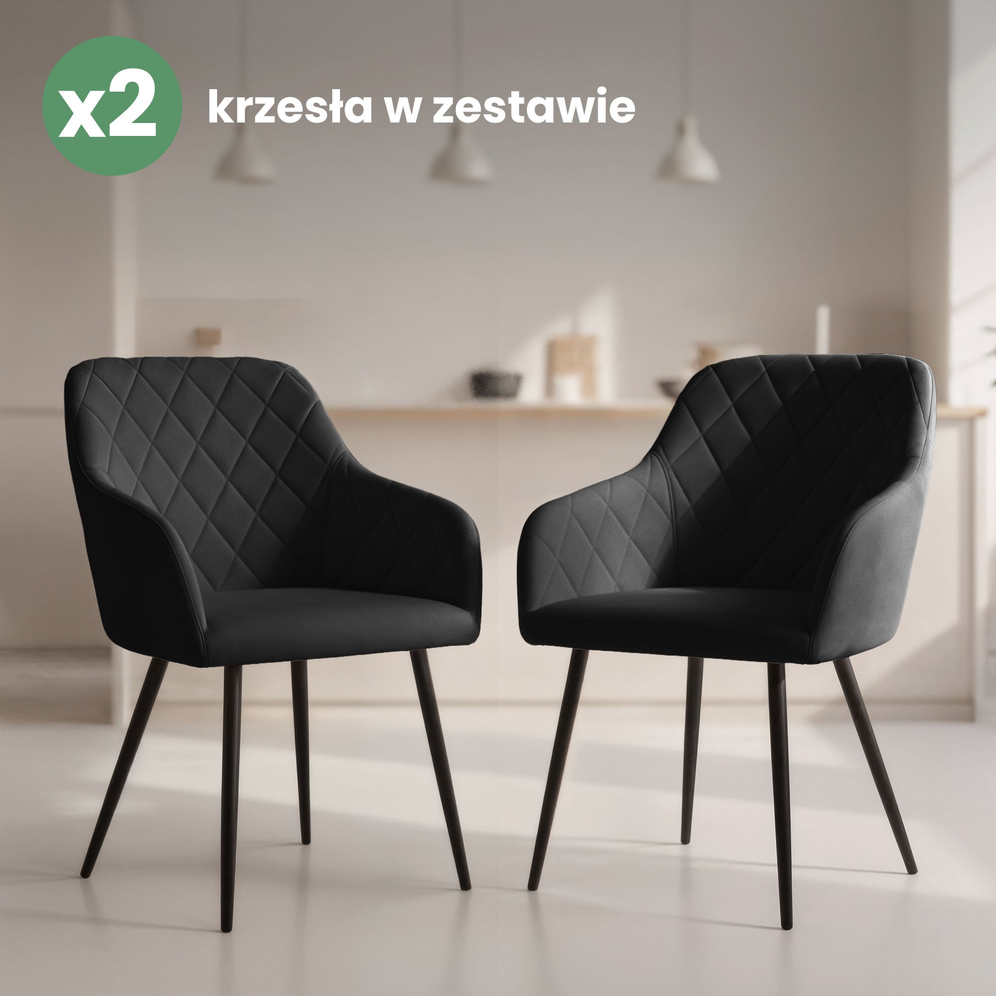 2x Welurowe krzesło tapicerowane pikowane w romby Czarne VELTO Czarne nogi - obrazek 4