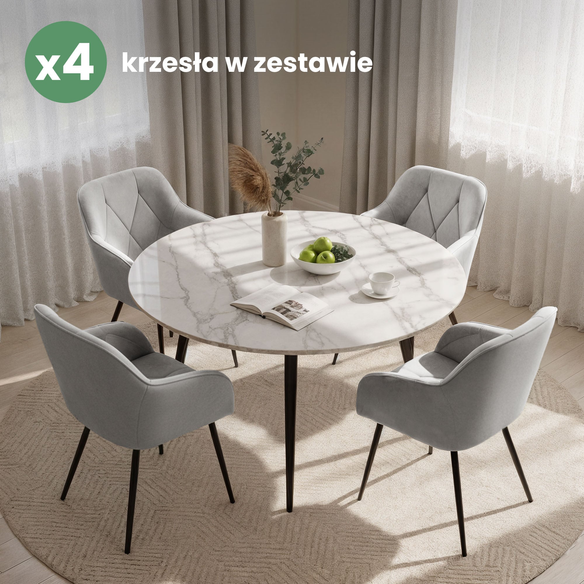 4x Welurowe krzesło tapicerowane pikowane Szare DIAMANTE Czarne nogi - obrazek 4
