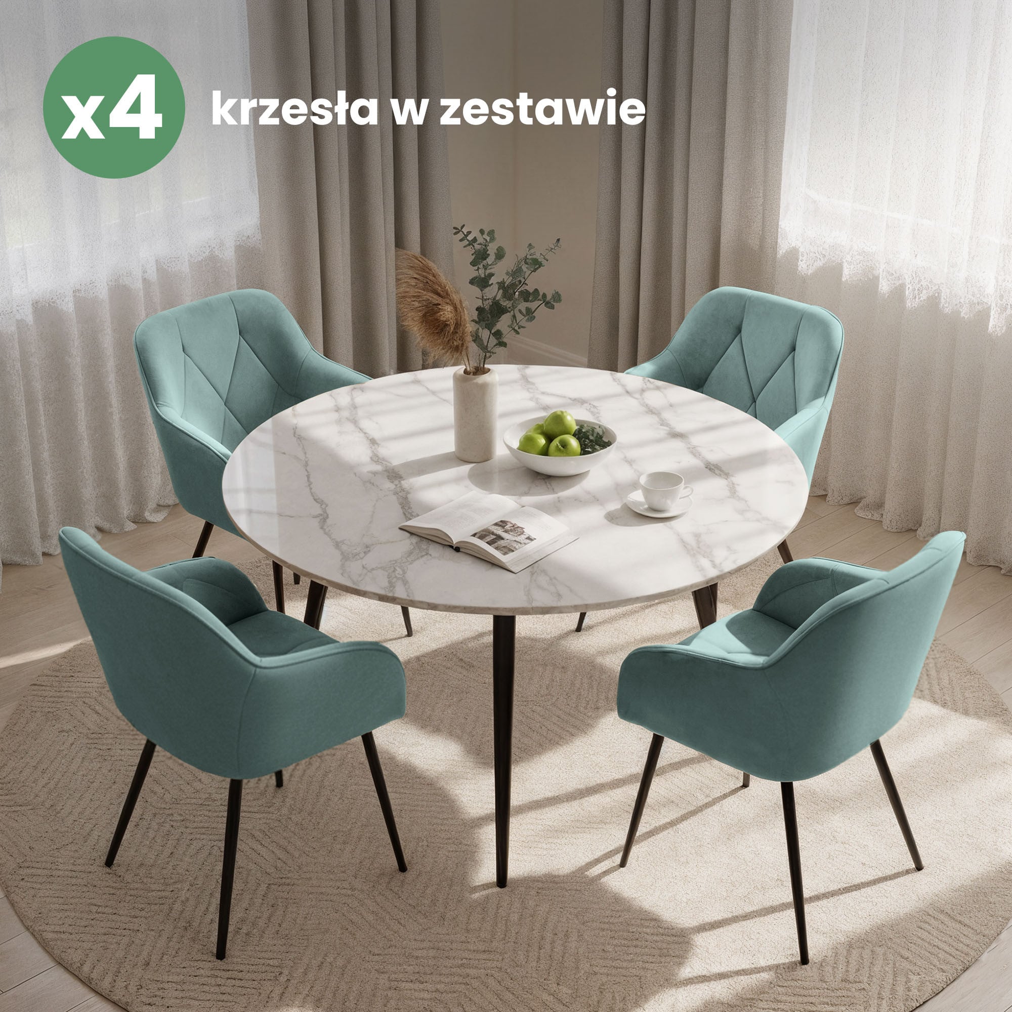 4x Welurowe krzesło tapicerowane pikowane Turkusowe DIAMANTE Czarne nogi - obrazek 4