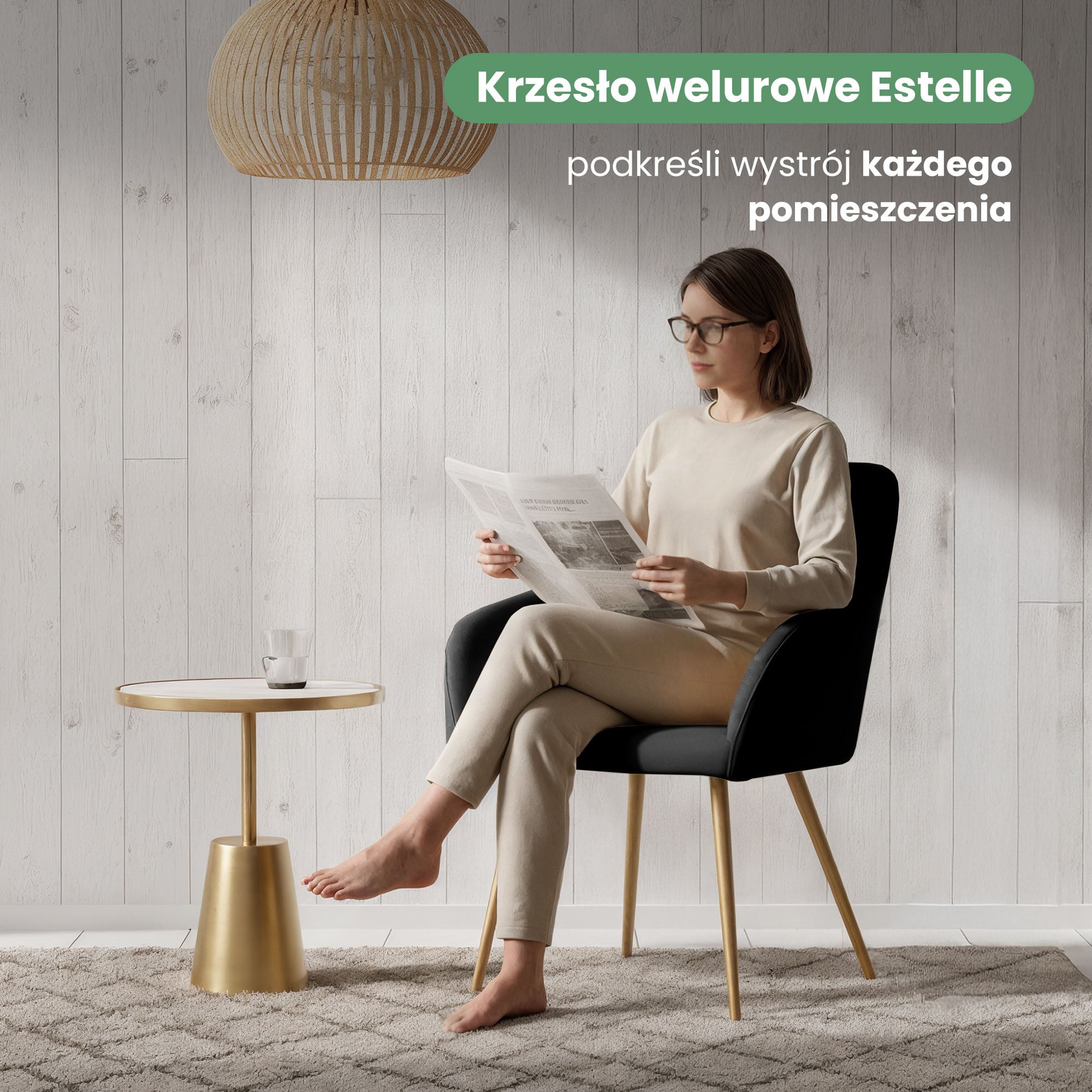 4x Welurowe krzesło tapicerowane gładkie Czarne ESTELLE Złote nogi - obrazek 2