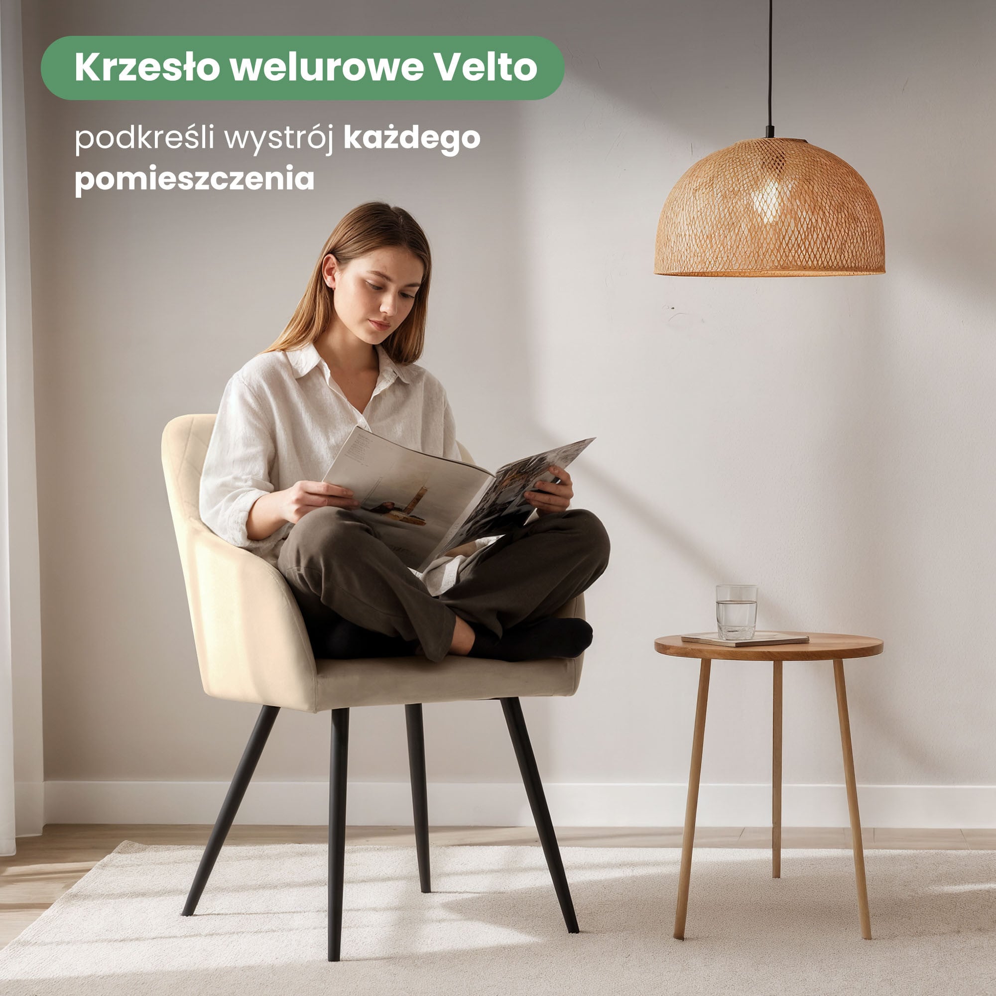 4x Welurowe krzesło tapicerowane pikowane w romby Beżowe VELTO Czarne nogi - obrazek 2