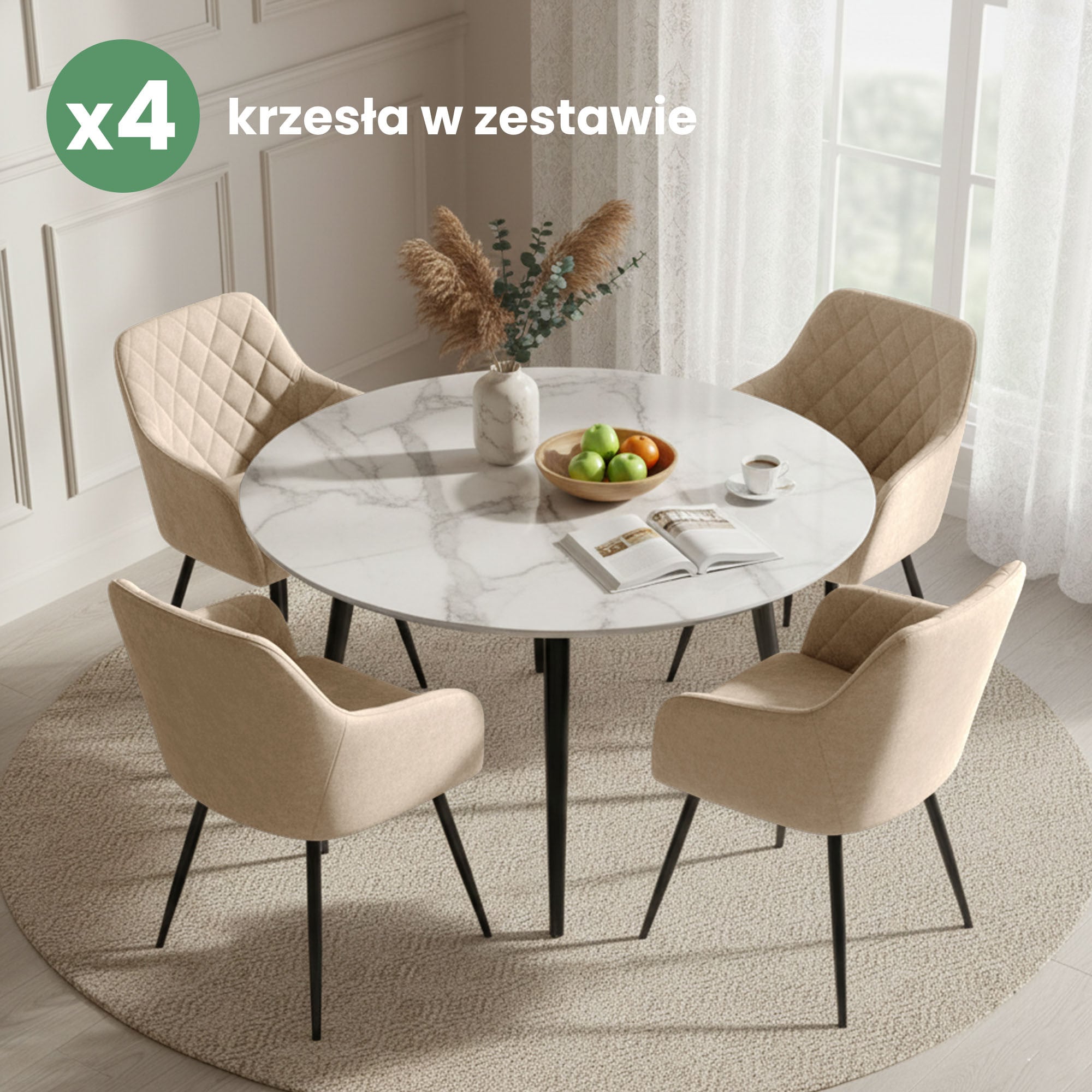 4x Welurowe krzesło tapicerowane pikowane w romby Beżowe VELTO Czarne nogi - obrazek 4