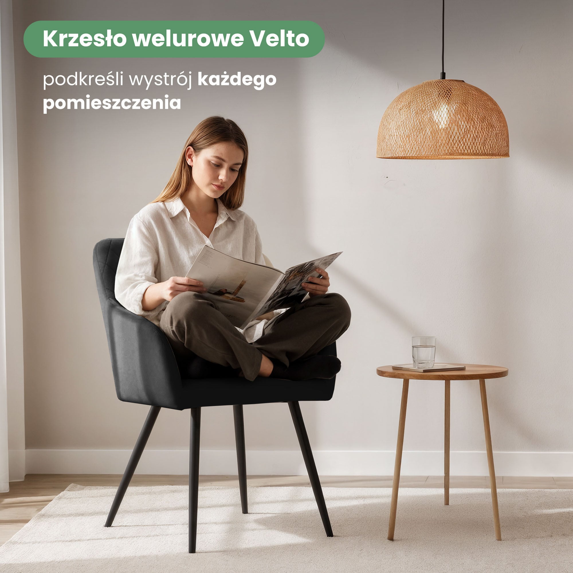 6x Welurowe krzesło tapicerowane pikowane w romby Czarne VELTO Czarne nogi - obrazek 2