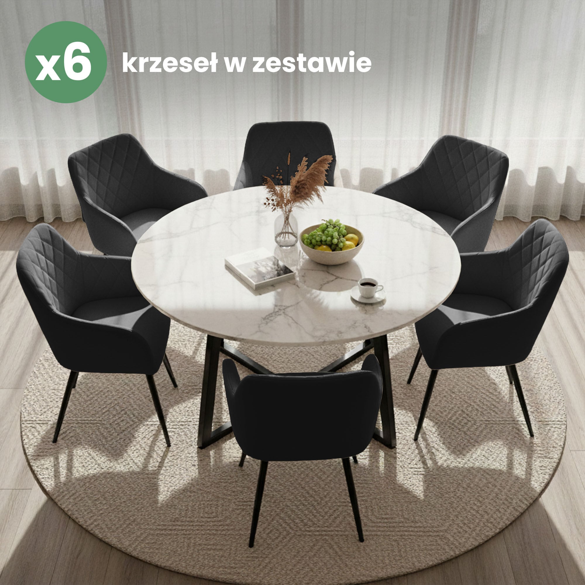 6x Welurowe krzesło tapicerowane pikowane w romby Czarne VELTO Czarne nogi - obrazek 4