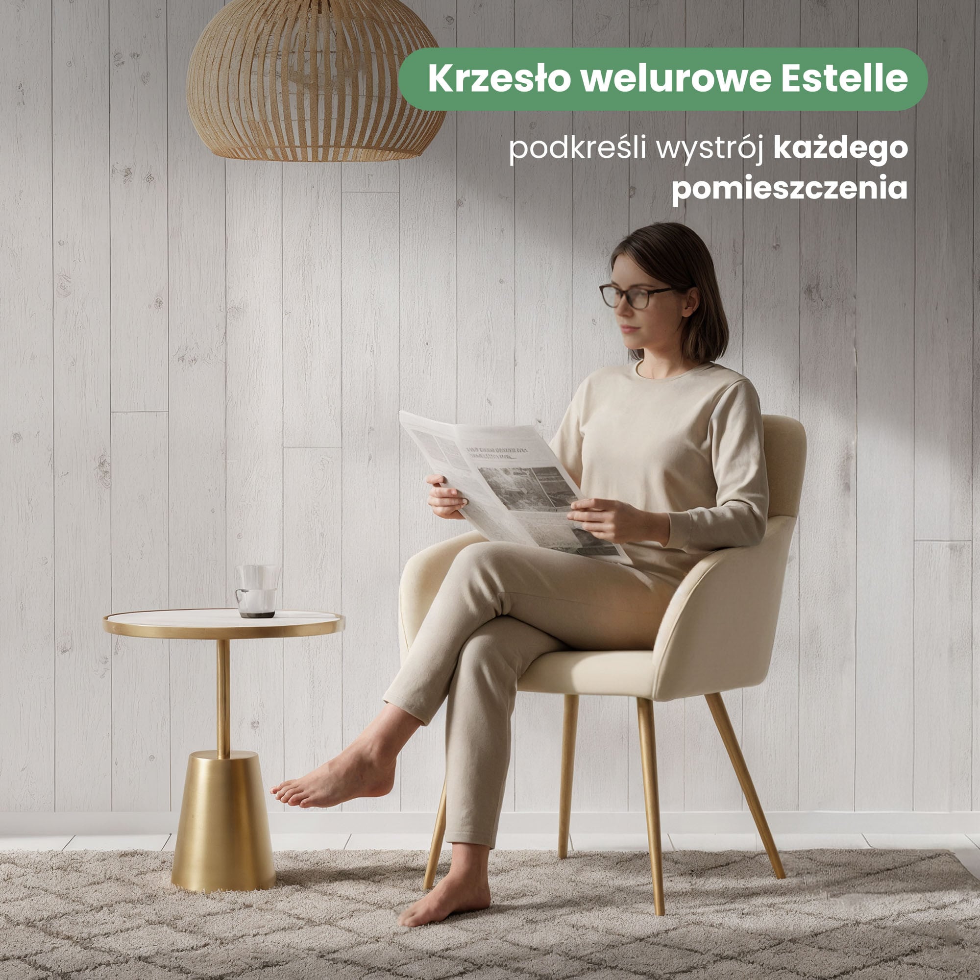 2x Welurowe krzesło tapicerowane gładkie Beżowe ESTELLE Złote nogi - obrazek 2