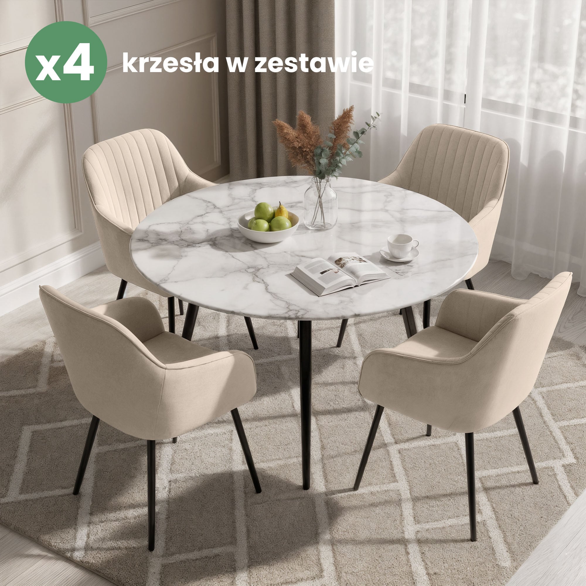 4x Welurowe krzesło tapicerowane z przeszyciami Beżowe FLORENCE Czarne nogi - obrazek 4