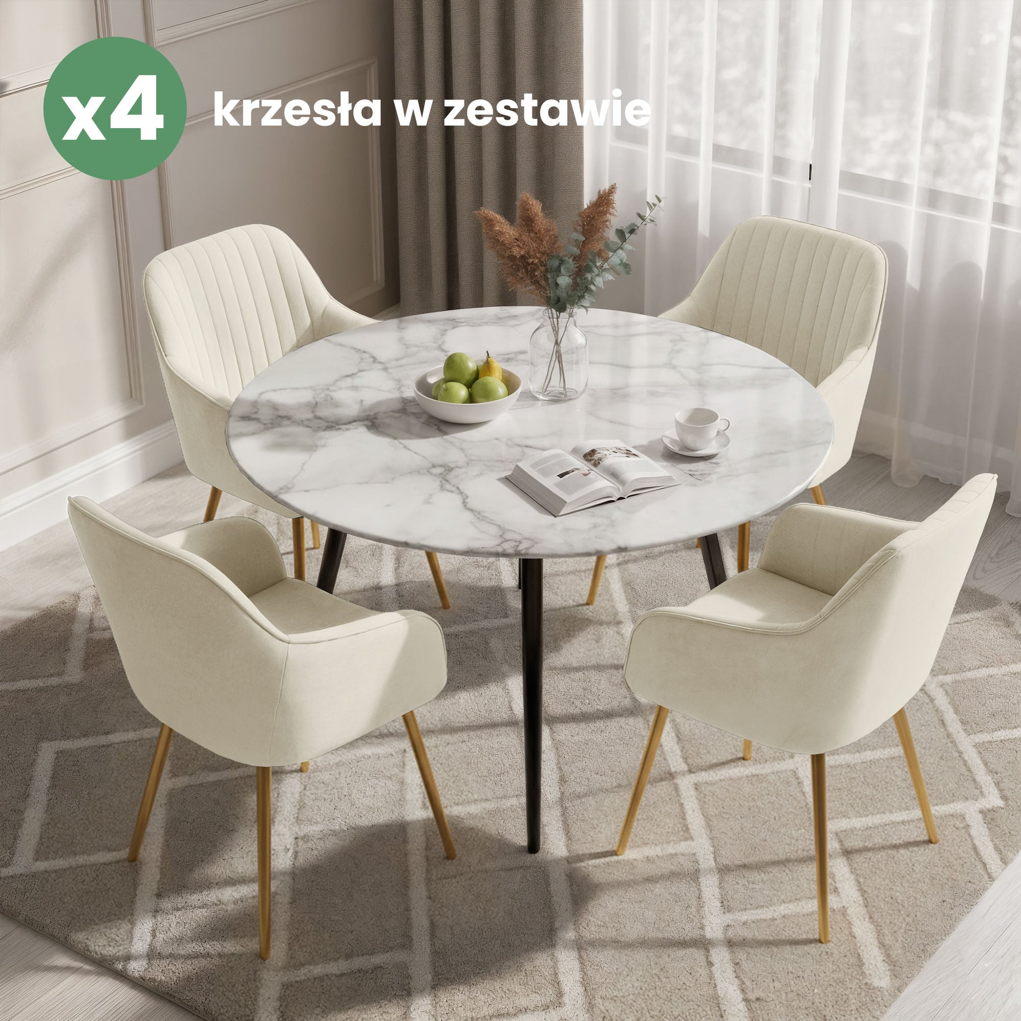 4x Welurowe krzesło tapicerowane z przeszyciami Kremowe FLORENCE Złote nogi - obrazek 4