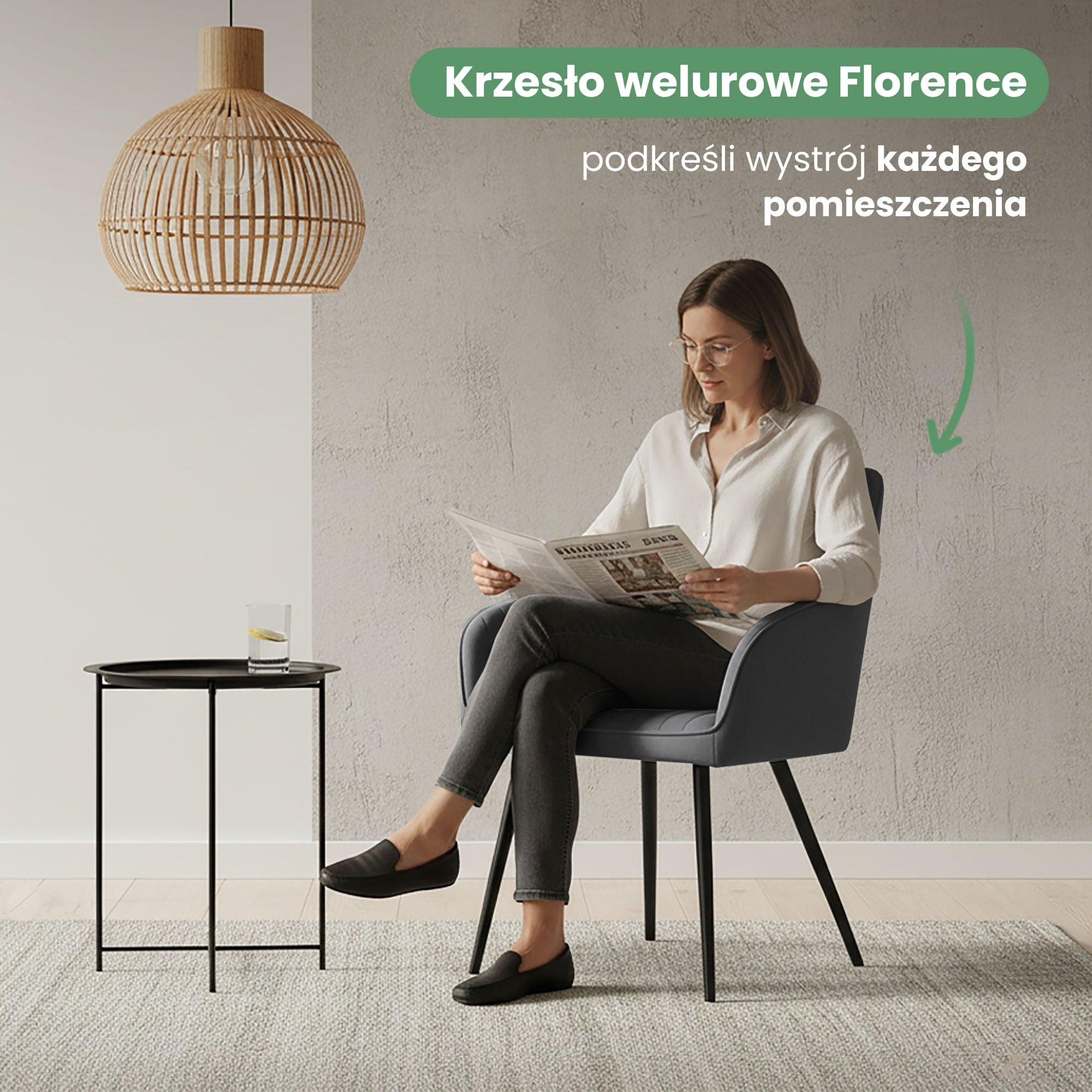 6x Welurowe krzesło tapicerowane z przeszyciami Ciemny Grafit FLORENCE Czarne nogi - obrazek 2