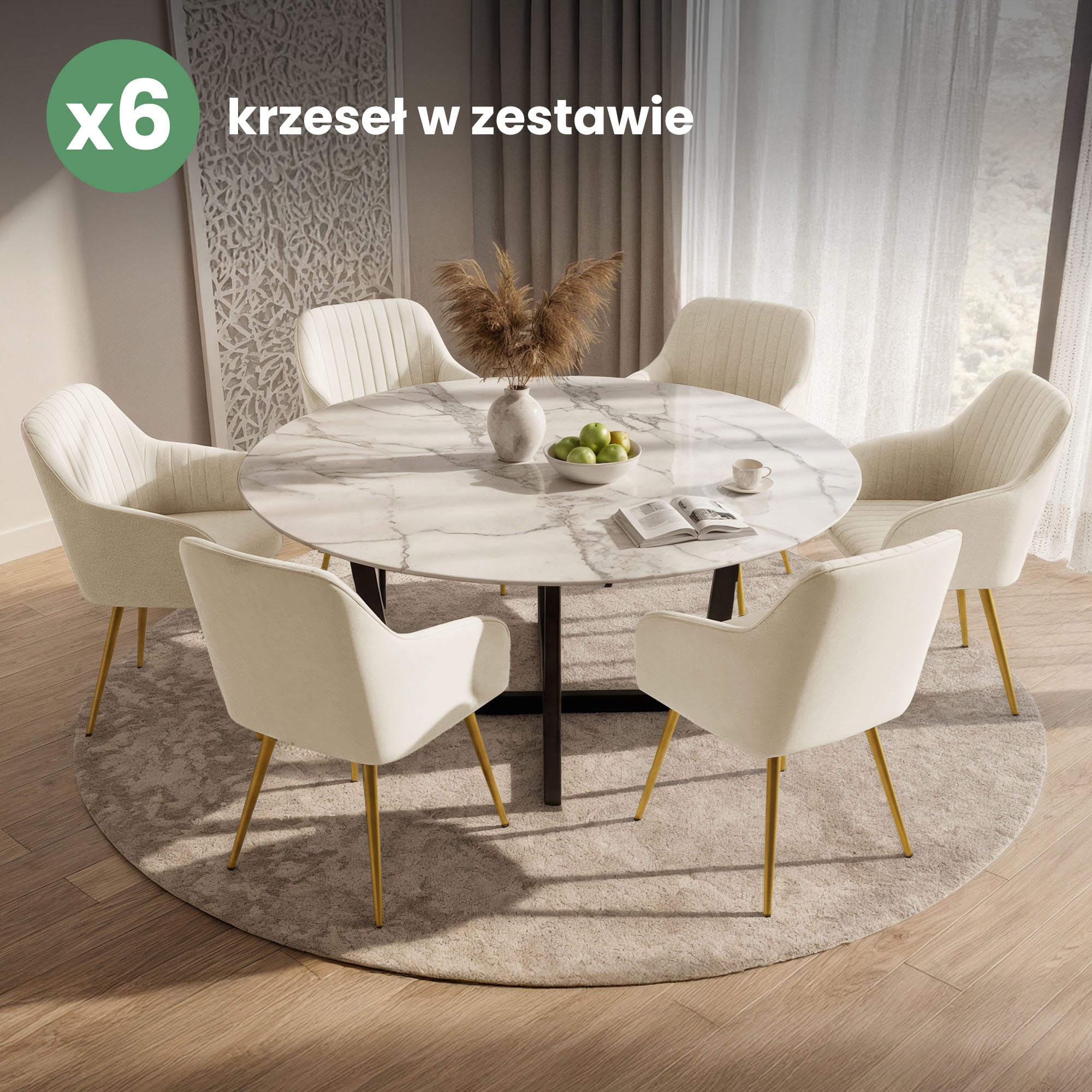 6x Welurowe krzesło tapicerowane z przeszyciami Kremowe FLORENCE Złote nogi - obrazek 4