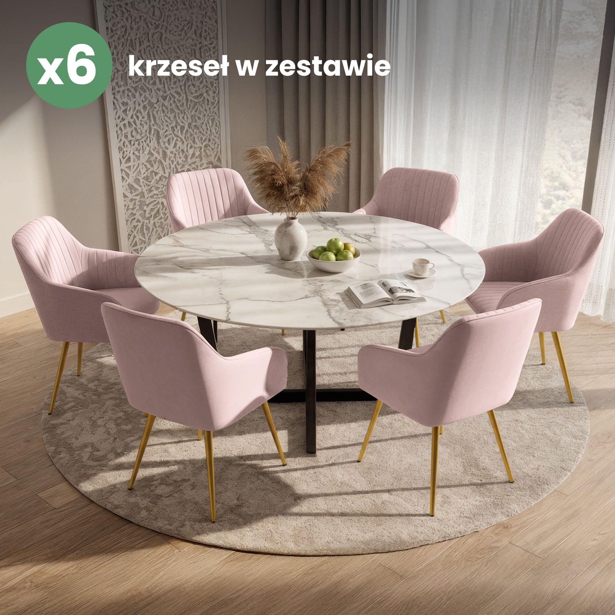 6x Welurowe krzesło tapicerowane z przeszyciami Pudrowy Róż FLORENCE Złote nogi - obrazek 4