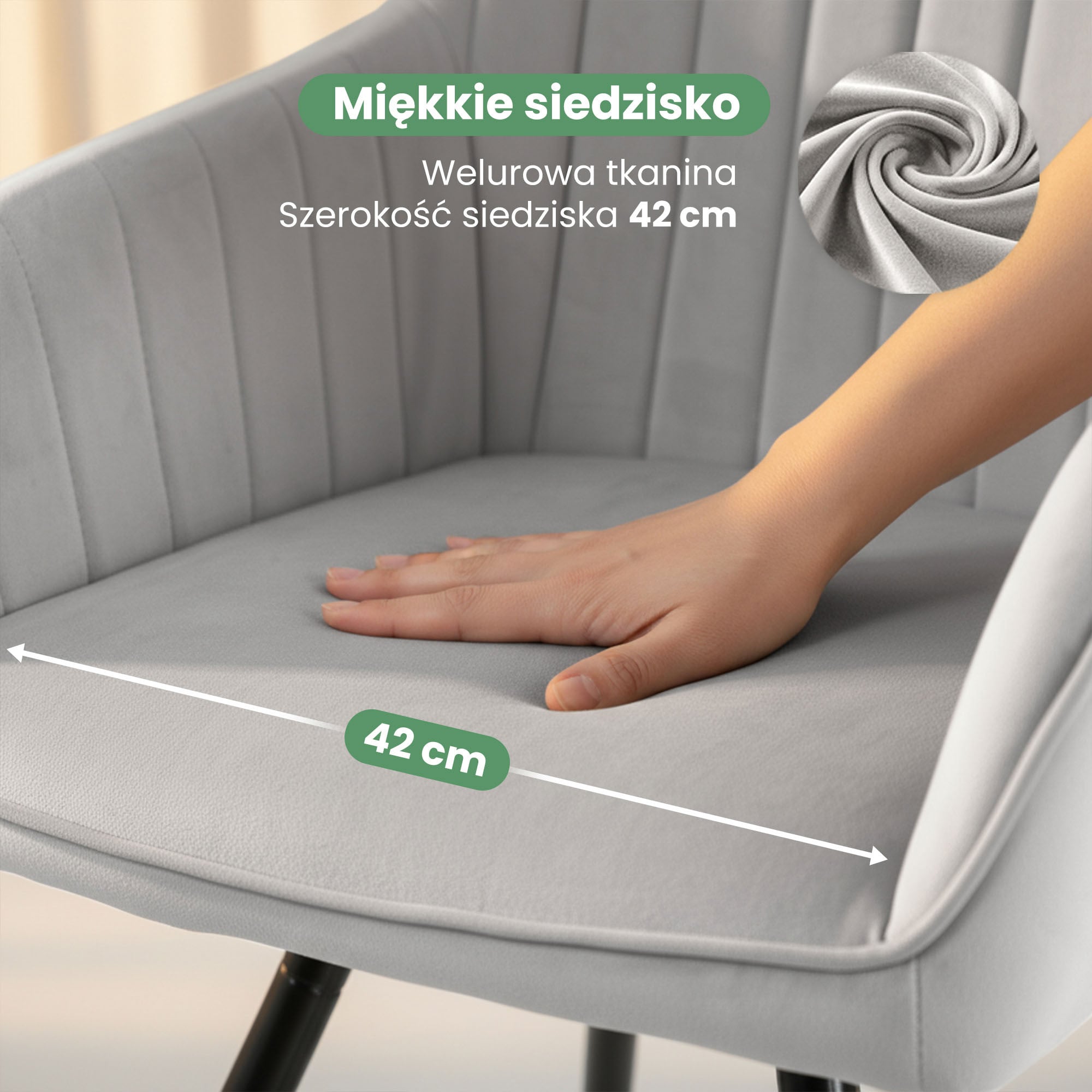 4x Welurowe krzesło obrotowe z przeszyciami Szare TURNO Czarne nogi - obrazek 2