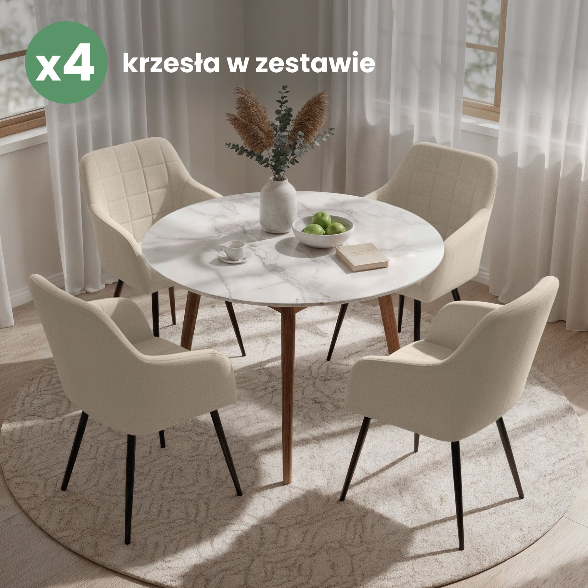 4x Krzesło tapicerowane z przeszyciami kwadratowymi Beżowe LUXANO Czarne nogi tkanina Lumos - obrazek 4