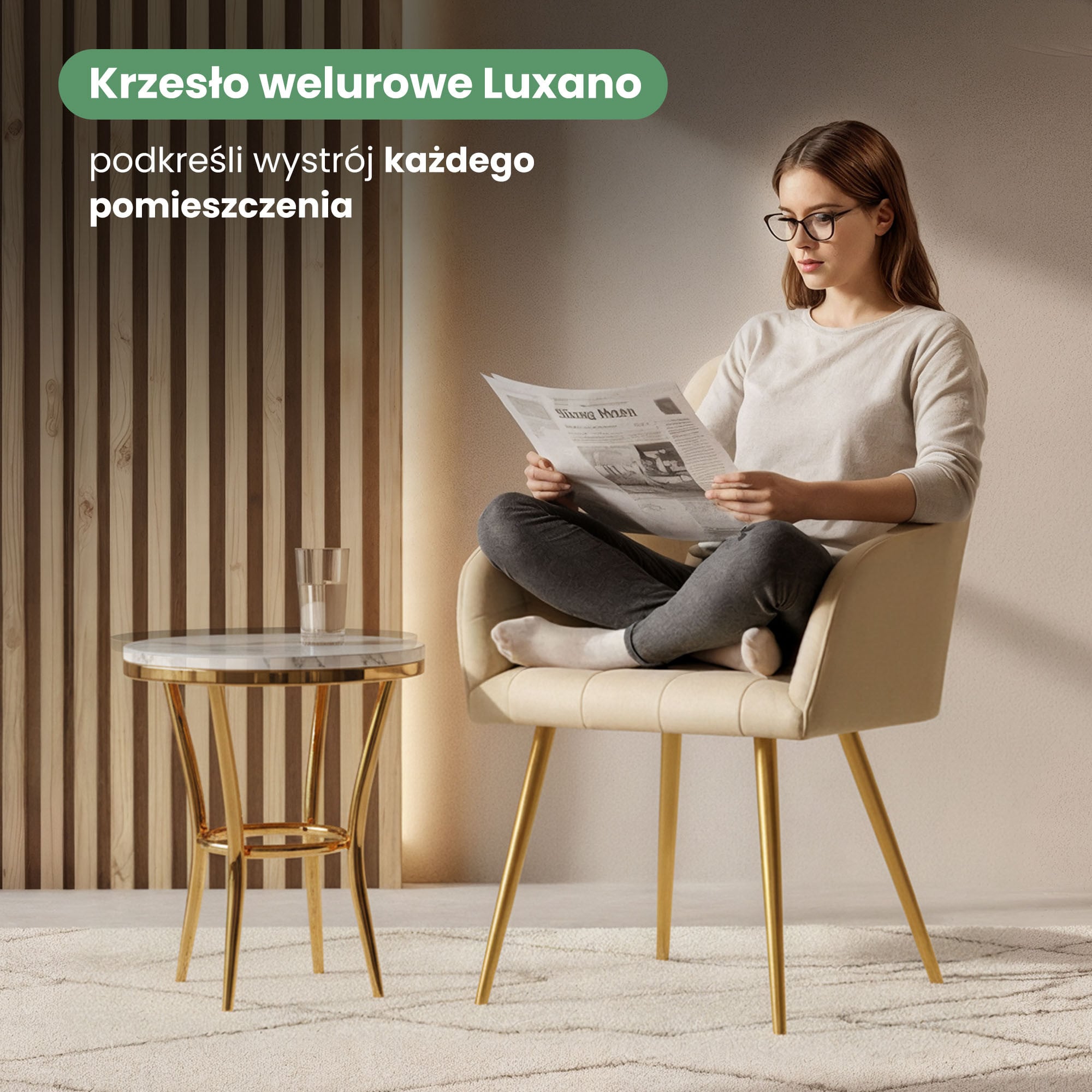 4x Krzesło tapicerowane z przeszyciami kwadratowymi Beżowe LUXANO Złote nogi - obrazek 2